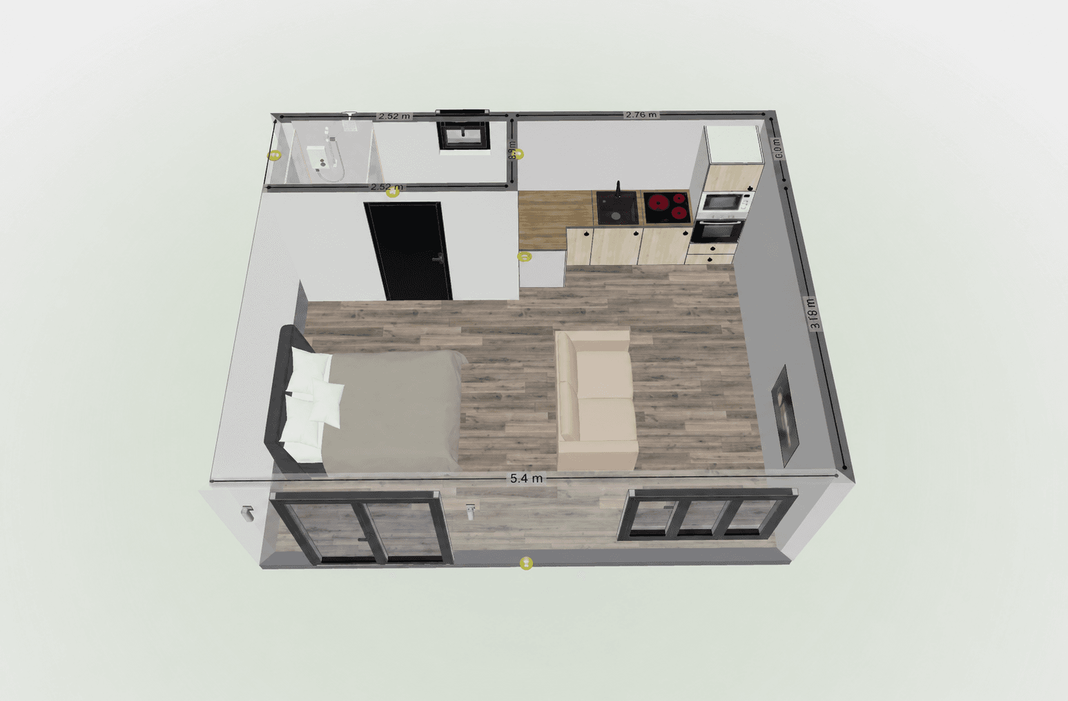 25sqm studio annexe floorplan (4.5m x 5.6m) — open-plan living space with a double bed, sofa and kitchenette along one wall and a separate shower room
