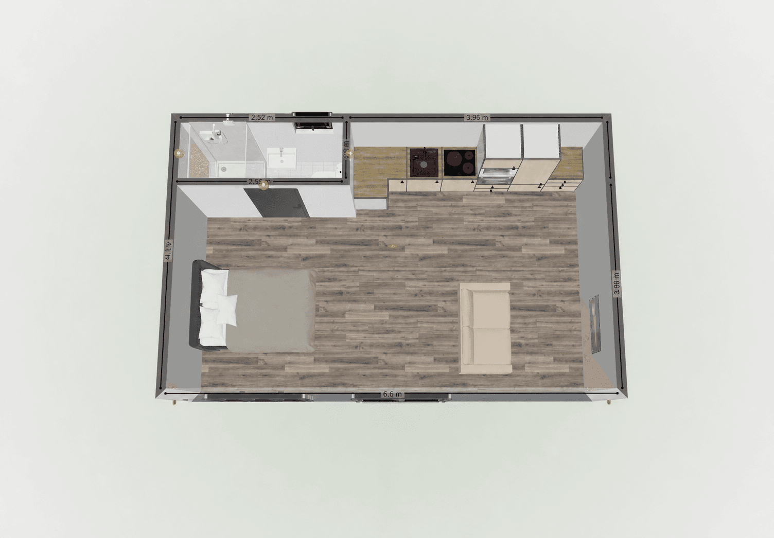 30sqm studio annexe floorplan (4.4m x 6.9m) — larger open-plan living area with a double bed, sofa and full kitchen run plus a separate shower room