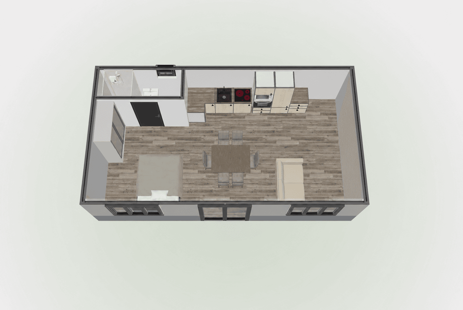 35sqm studio annexe floorplan (4.4m x 8m) — spacious open-plan layout with a double bed, dining table, sofa and kitchen plus a separate shower room