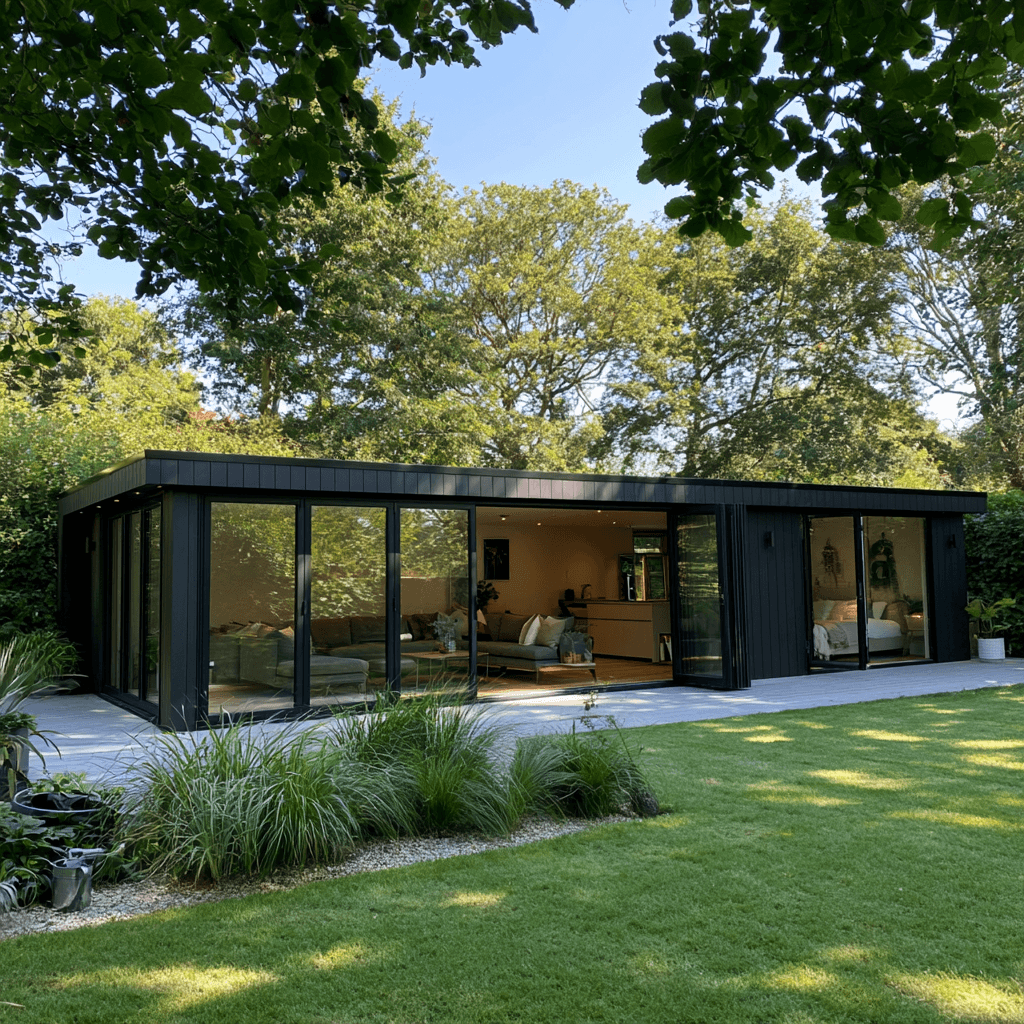 One-Bedroom Garden Annexes in Bedfordshire — charcoal-clad annexe with an open-plan living area and a separate bedroom, glazed doors open to the garden