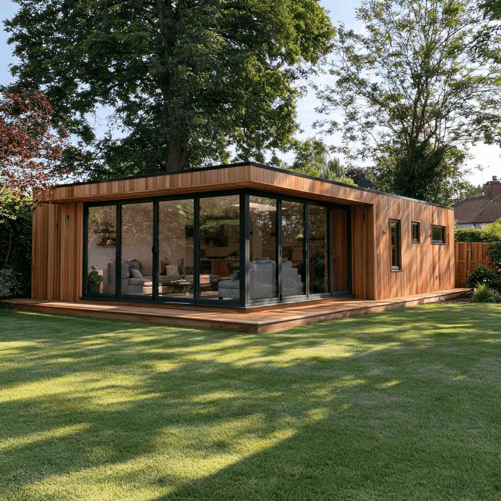 Garden annexe in Bedfordshire — cedar-clad garden annexe with wraparound glazing on a timber deck