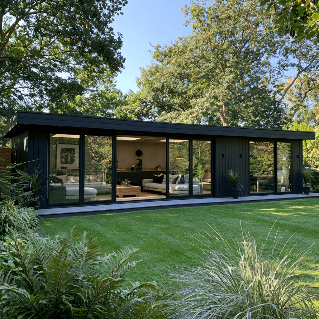 Garden annexe in Bedfordshire — charcoal-clad garden annexe with full-width glazing onto the lawn