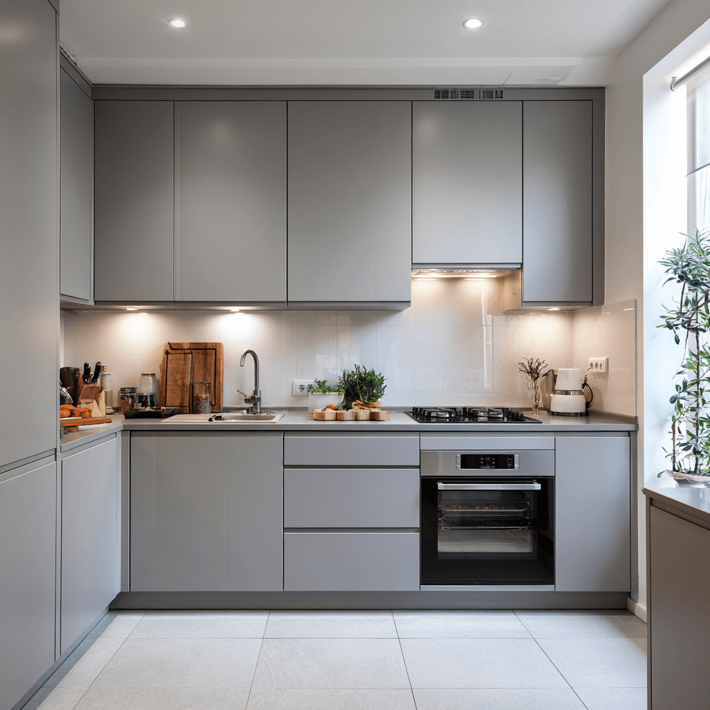 Garden annexe in Bedfordshire — compact annexe kitchenette with handleless grey units and an integrated oven