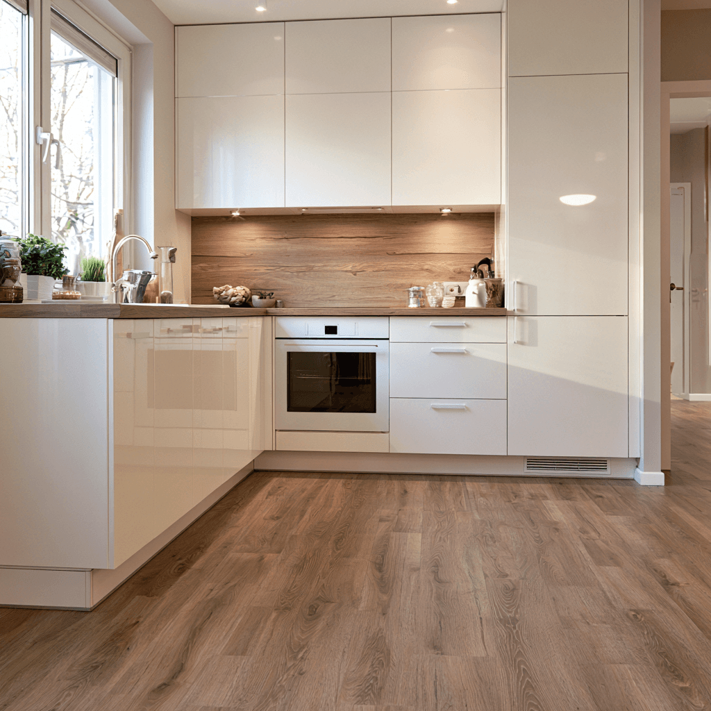 Garden annexe in Bedfordshire — self-contained annexe kitchen with white gloss units and a wood-effect floor