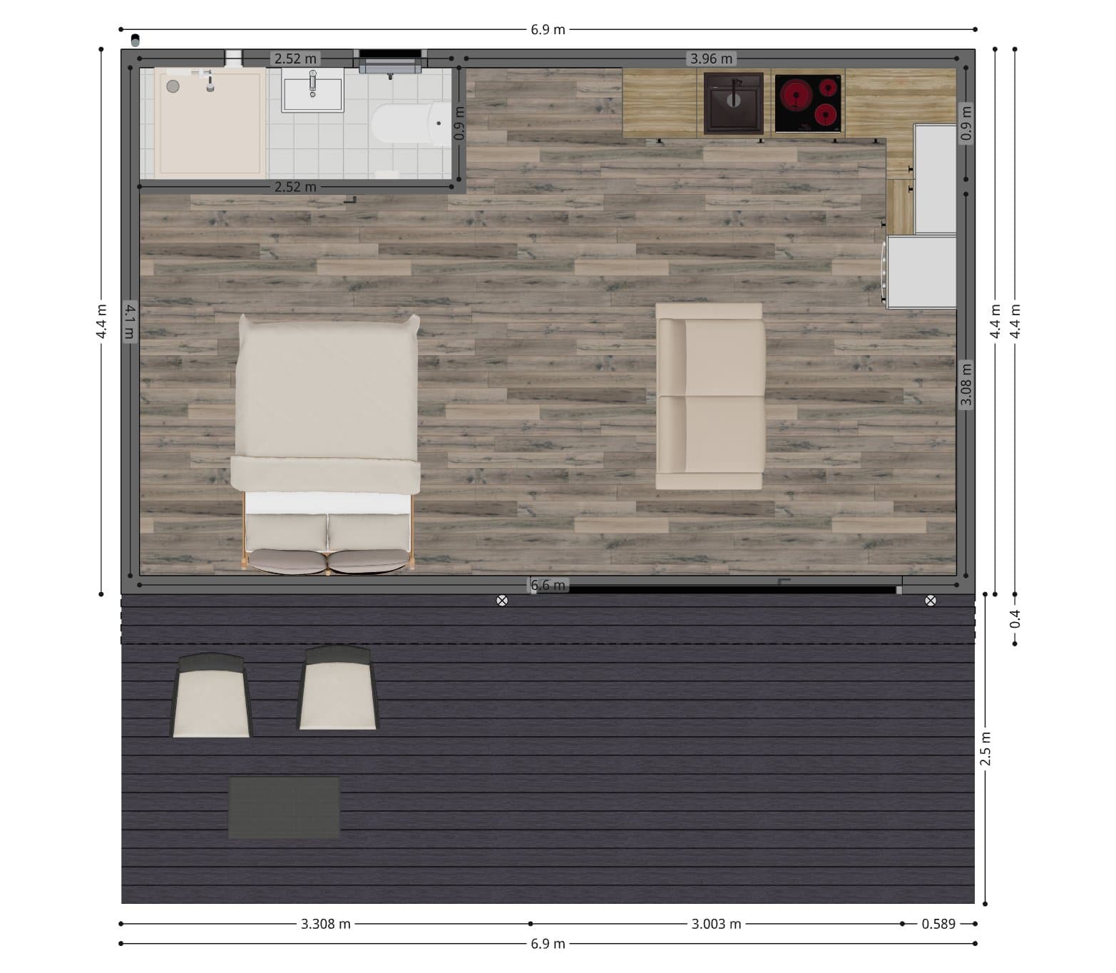 Floor plan of the 30sqm annexe (6.9m x 4.4m) — open-plan living space with a double bed, sofa and full kitchen run, a separate shower room, and a 2.5m-deep deck across the front