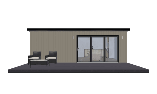 30sqm studio annexe with grey-green vertical cladding, a flat black roof and full-width bi-fold doors, set on a timber deck with two armchairs and a side table