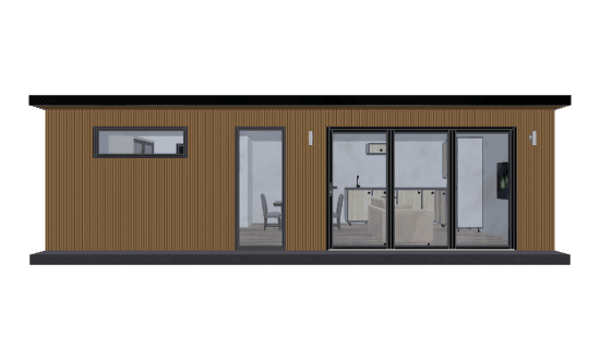 35sqm studio annexe with warm timber vertical cladding, a flat black roof, a high-level window, a single door and full-width bi-fold doors onto an open-plan kitchen and living space