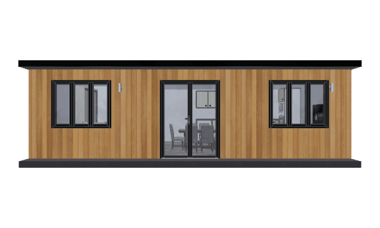 35sqm studio annexe with warm cedar vertical cladding, a flat black roof, two windows either side and central French doors opening to a dining area