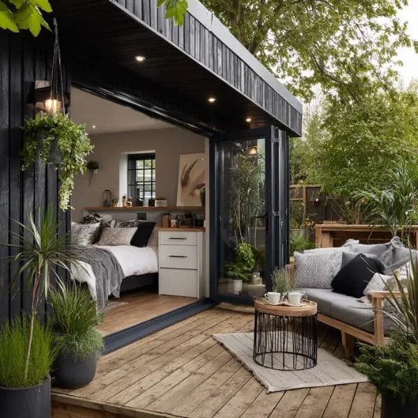 Dark-clad garden annexe with open glazed doors revealing a bed and kitchenette