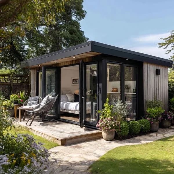 Garden annexe with corner glazing, bed and chairs on a planted terrace