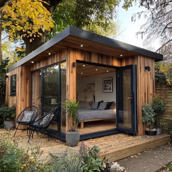 Timber-clad garden annexe with open corner doors revealing a bed and kitchenette