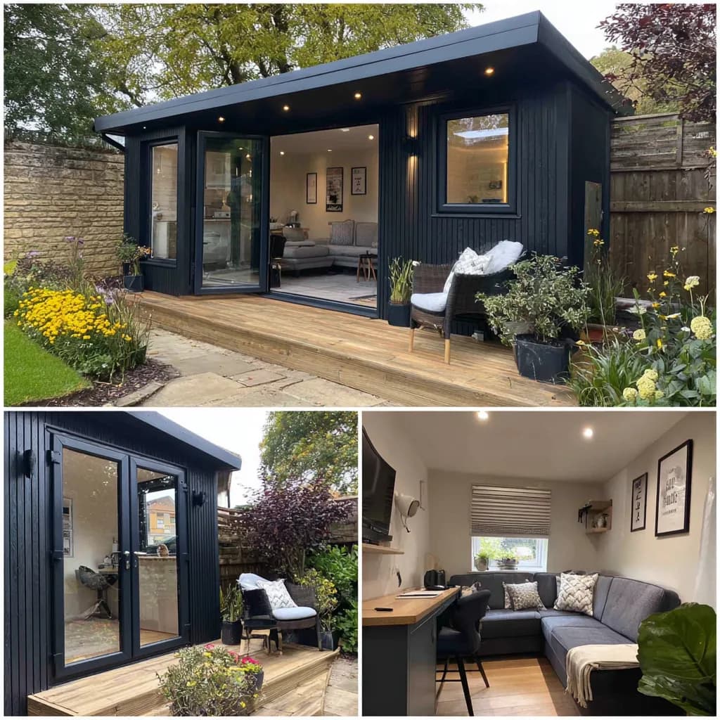 Three views of a dark-clad garden annexe, including its seating area and entrance