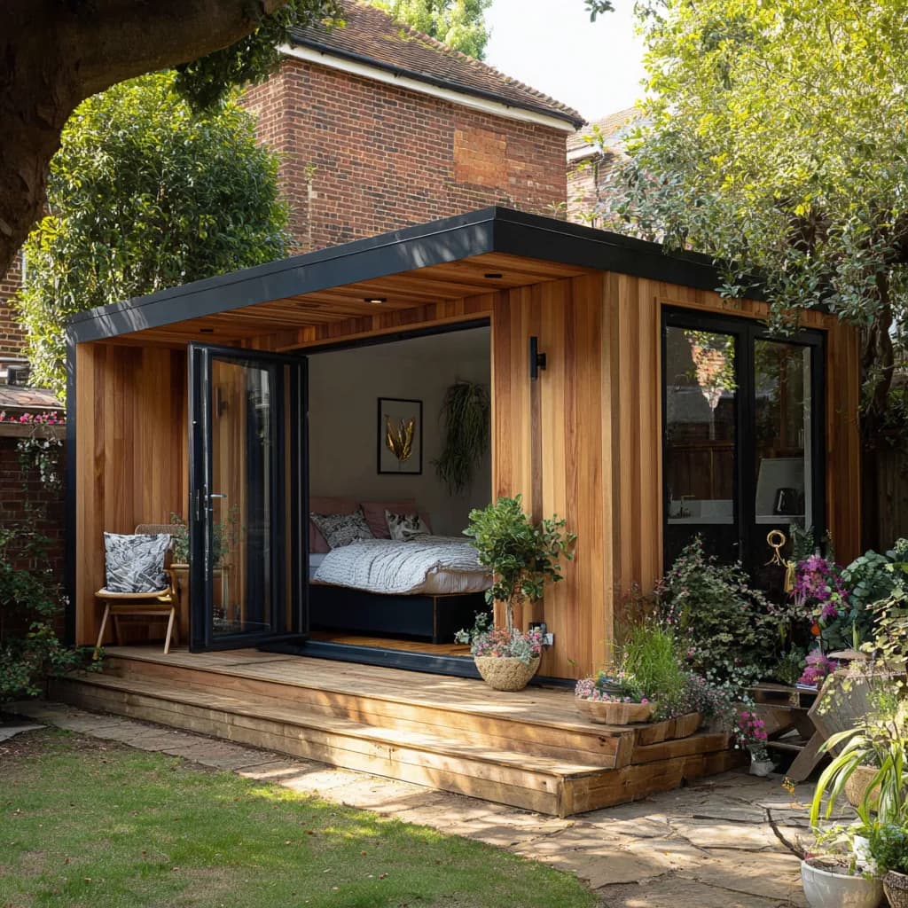 Timber-clad garden annexe with open glazed doors revealing a bed
