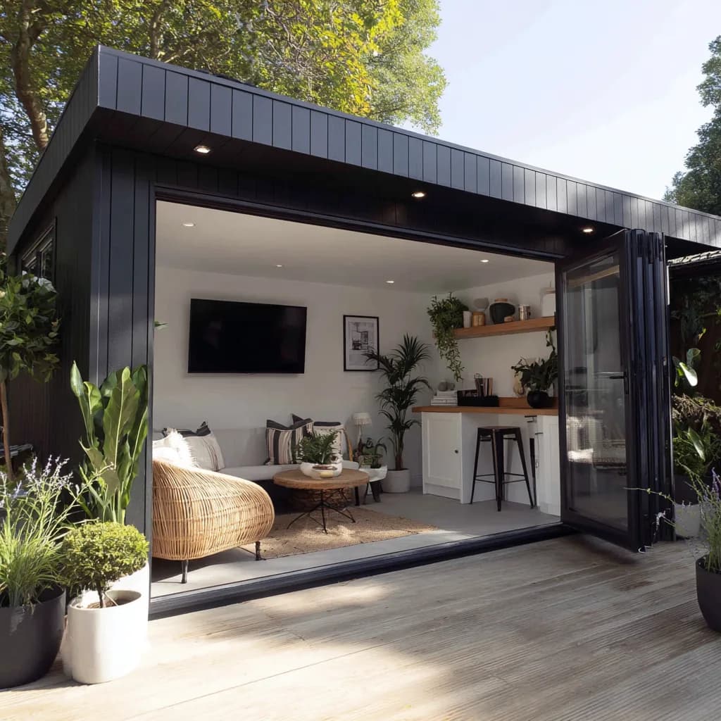 Garden annexe with fully open glazed doors revealing a furnished living area