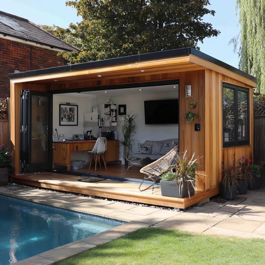 Garden room beside a swimming pool with folded-back doors and a furnished interior