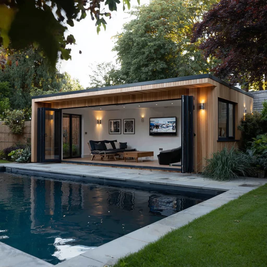Wide garden room with an open glazed frontage beside a swimming pool