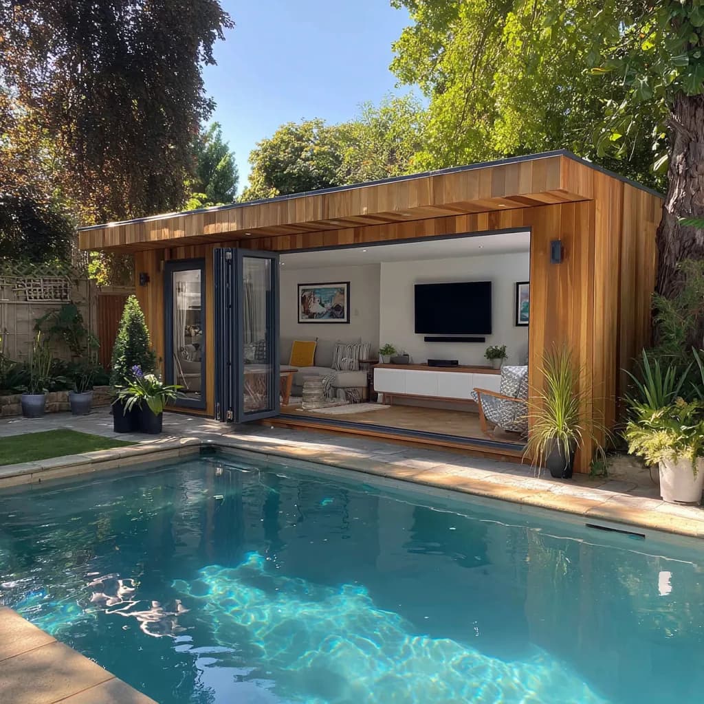 Timber-clad garden room with open doors and seating beside a swimming pool