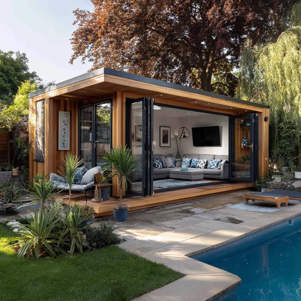 Poolside garden room with open corner doors and a furnished seating area
