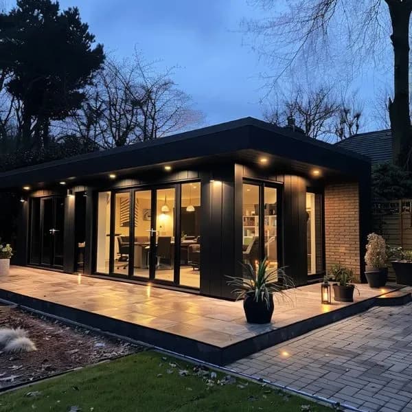 Dark-clad garden room lit at dusk, with glazed doors and a paved terrace