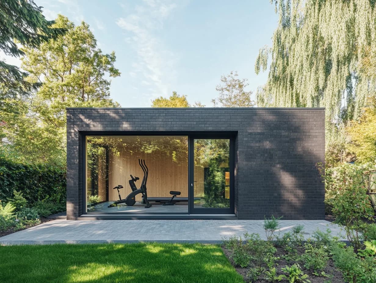 Dark garden room with a full-height window and exercise equipment inside