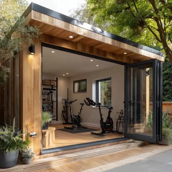 Garden gym with wide open doors and exercise bikes