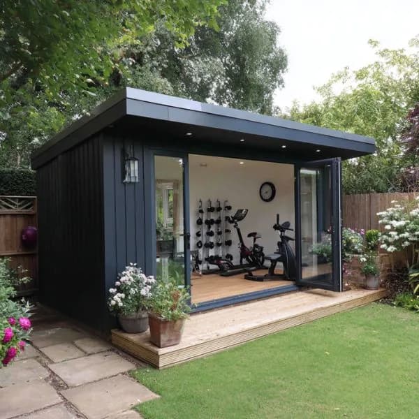 Dark-clad garden gym with open corner doors, weights and exercise bikes