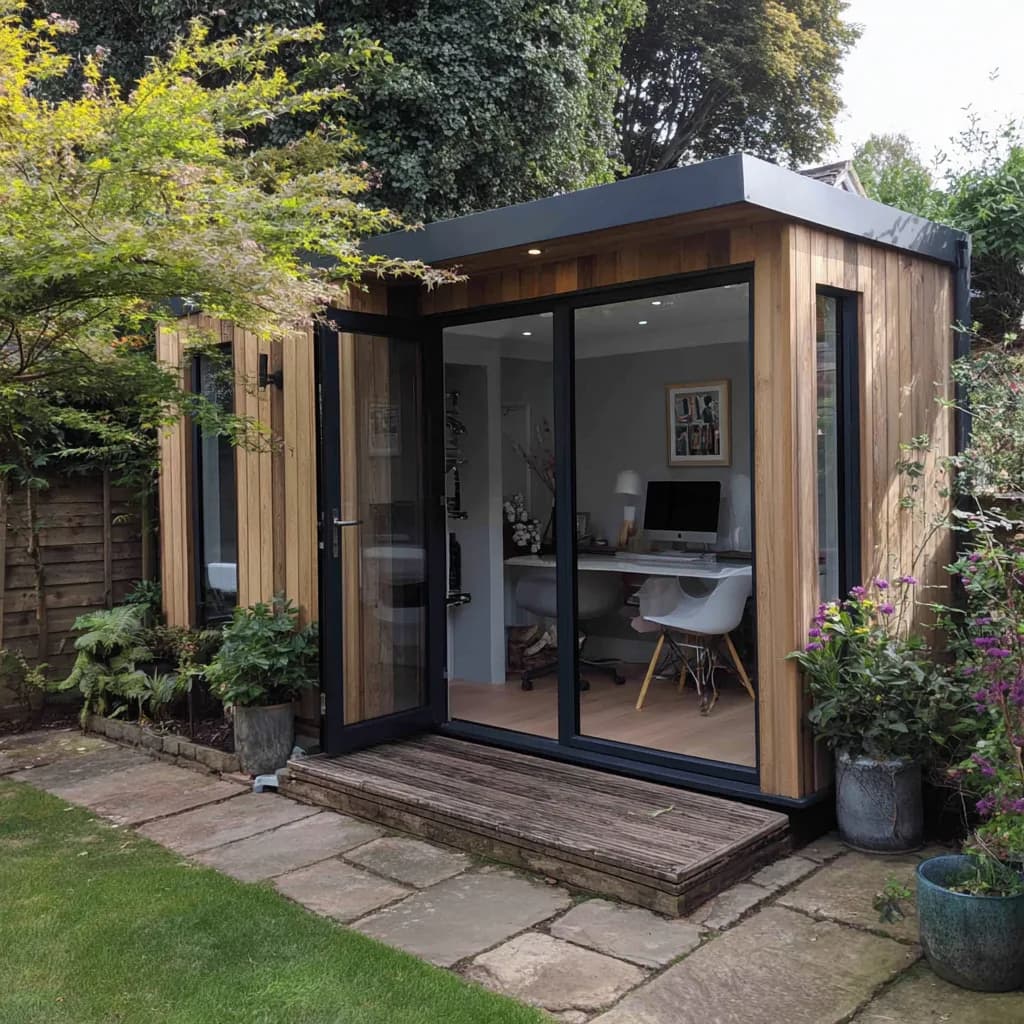 Compact garden office among planting with closed glazed doors