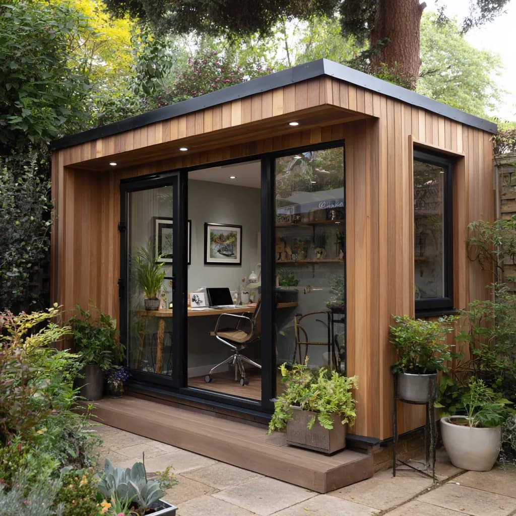 Compact garden office surrounded by planting, with a desk visible through glazed doors
