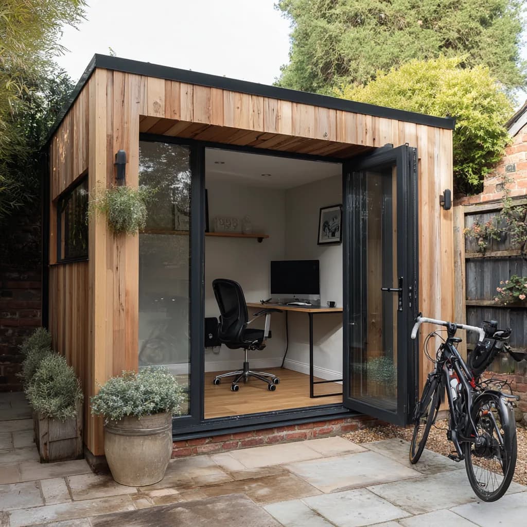 Garden office with open glazed doors, a desk inside and bicycles outside