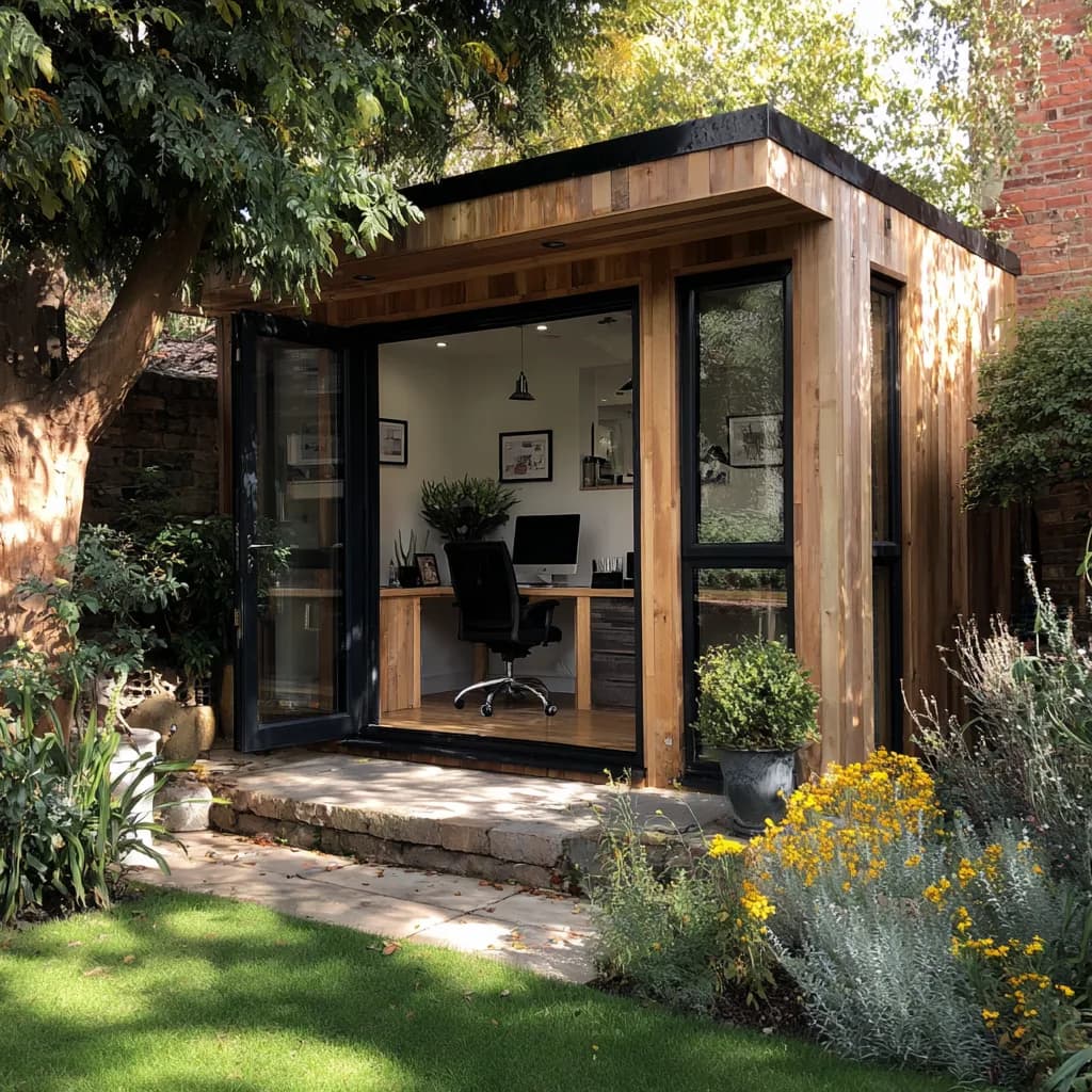 Compact garden office with an open door and desk framed by yellow flowers