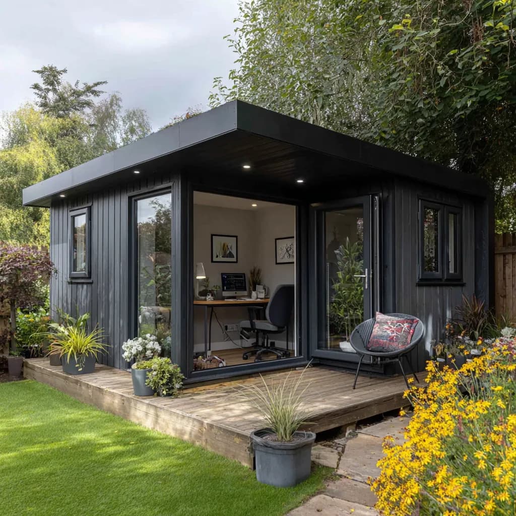 Dark-clad garden office with corner glazing, desk and garden seating