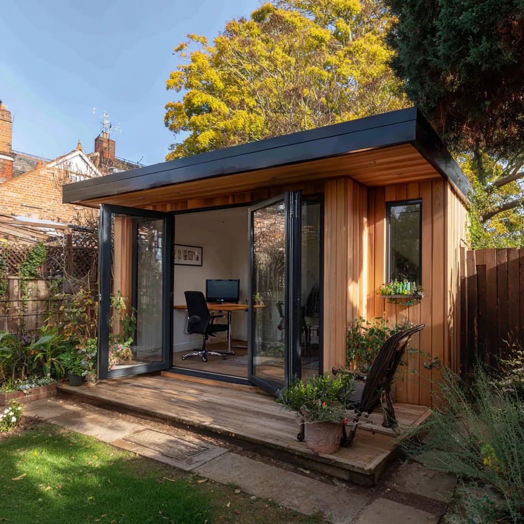 Garden office with glazed double doors, desk and an autumn tree behind