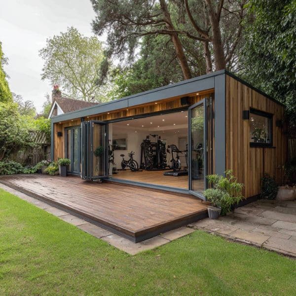 Garden gym in Bedfordshire — charcoal-clad garden gym with full-width glazing onto the lawn