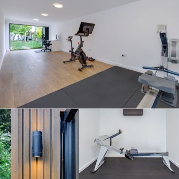 Garden gym in Bedfordshire — strength-training zone with a squat rack, bench and rubber gym flooring